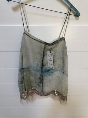 Zara Green and Blue Beaded Hem Spaghetti Strap Tank Top